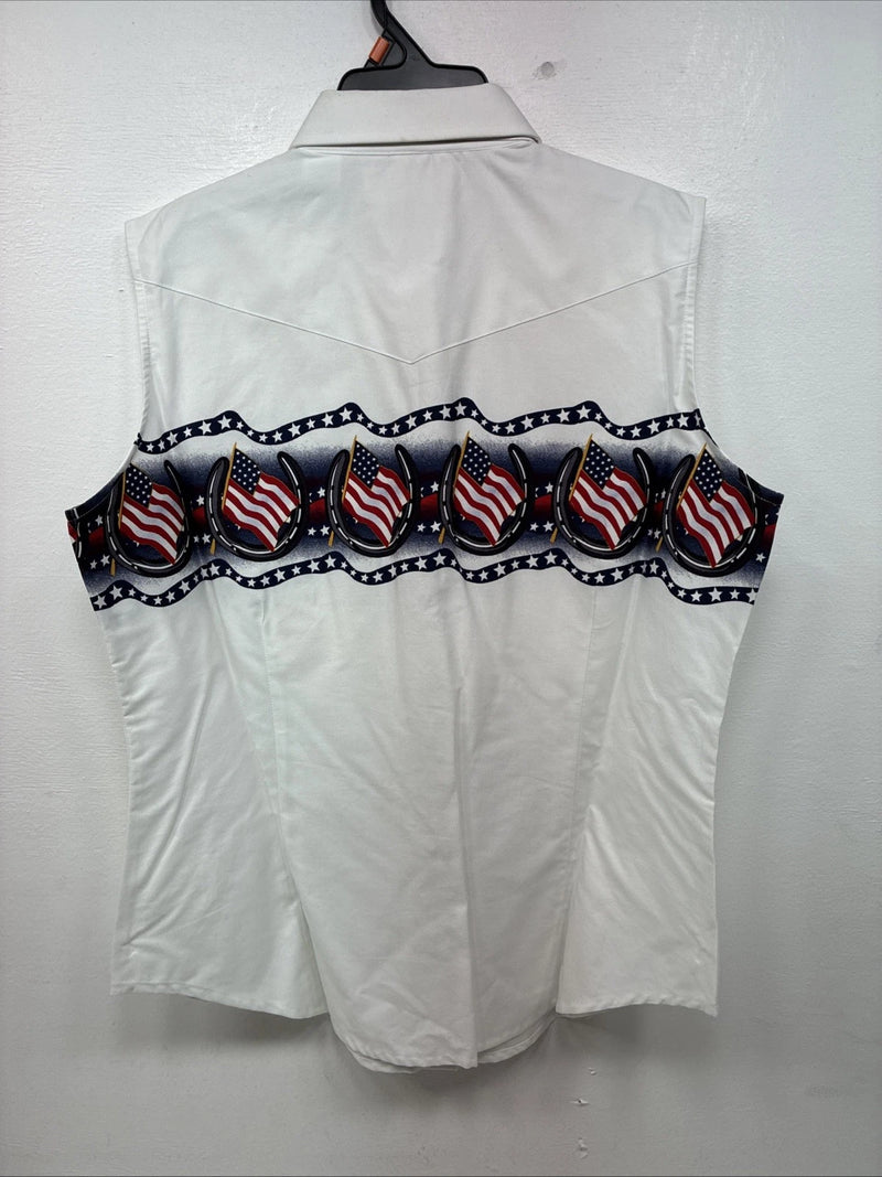 New Women’s Cumberland White Flag Design Short Sleeve Pearl Snap Medium LL-84