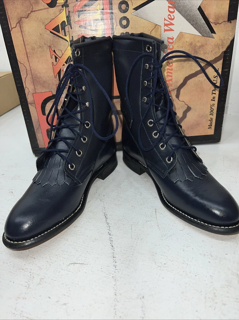 New Women’s Navy Lace Up Texas Brand Cowboy Boots. 4445 7 M. 18-100