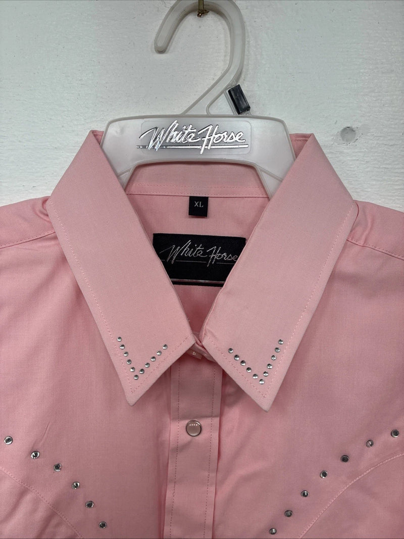 New Women’s White Horse Pink Gem Long Sleeve Pearl Snap XL GG-70