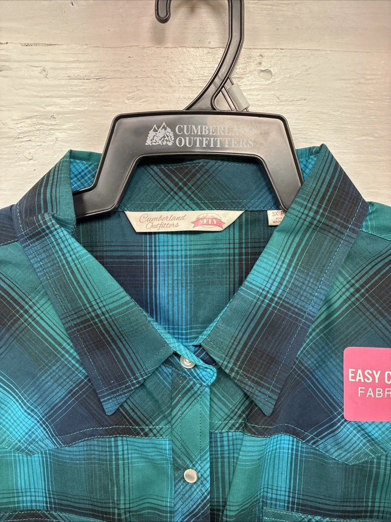 New Women’s Cumberland Blue Plaid Long Sleeve Pearl Snap 3XL Plus DD-15
