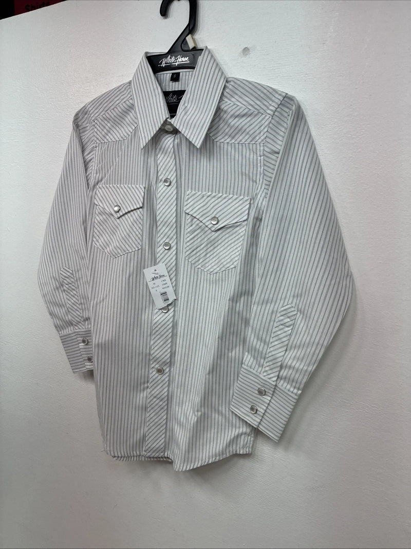 New Kids White Horse Gray Stripe Long Sleeve Pearl Snap Small DD-129