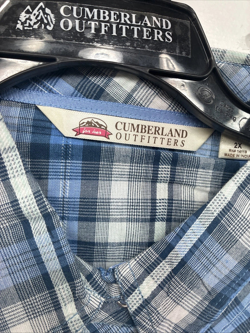 New Women Cumberland Blue Plaid Long Sleeve Pearl Snap 2XL GG-18