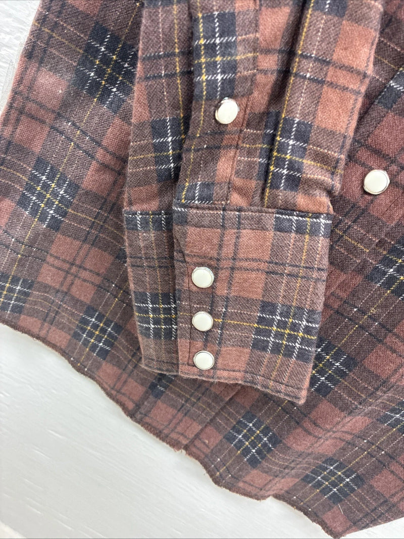 New Kids Panhandle Slim Brown plaid Long Sleeve Pearl Snap Size 12 CC-82