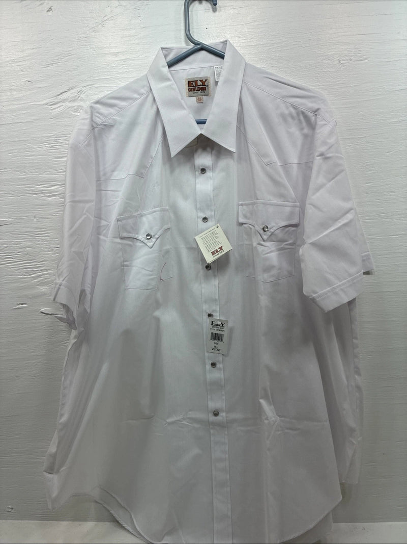 New Men’s ELY Cattleman White Short Sleeve Simple Pearl Snap 18.5 2XL F-79
