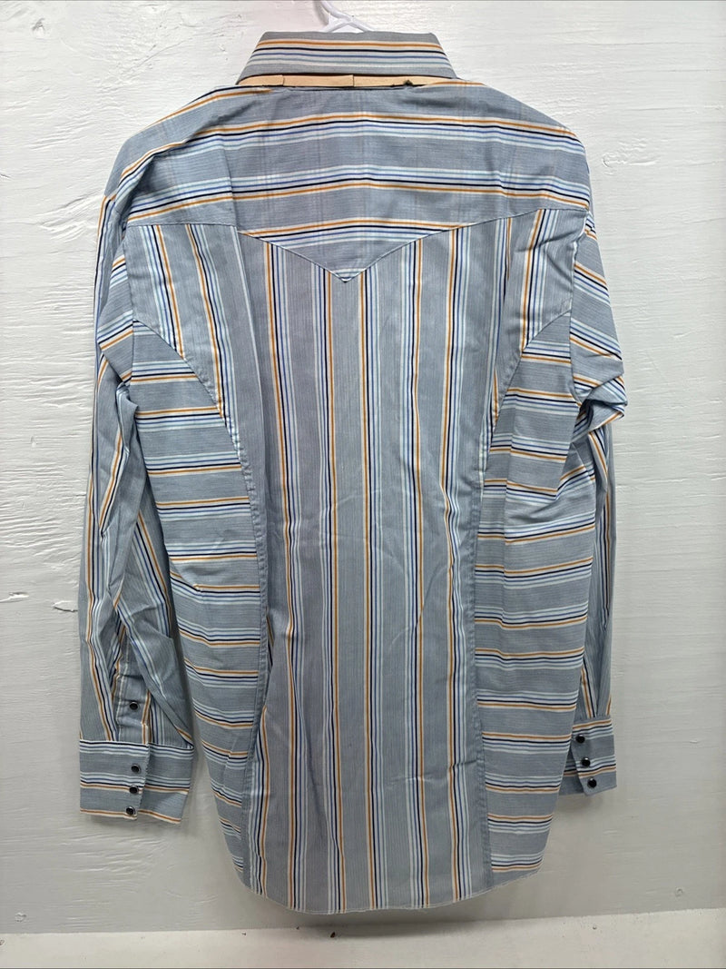 New Men’s Tem Tex Blue Yellow Stripe Long Sleeve Pearl Snap 16.5 Large V-23