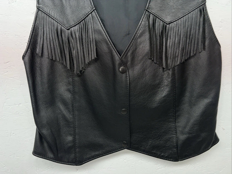 New Women’s Universal Rider Black Leather Fringe Biker Vest Large S-600
