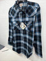 New Men’s ELY Cattleman Blue Black Plaid Long Sleeve Pearl Snap XL O-56