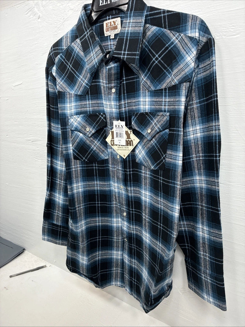 New Men’s ELY Cattleman Blue Black Plaid Long Sleeve Pearl Snap XL O-56