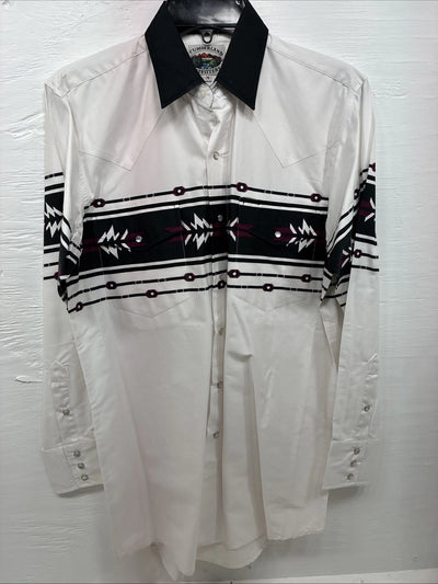 New Men’s Cumberland White Black Design Long Sleeve Pearl Snap Medium K-54