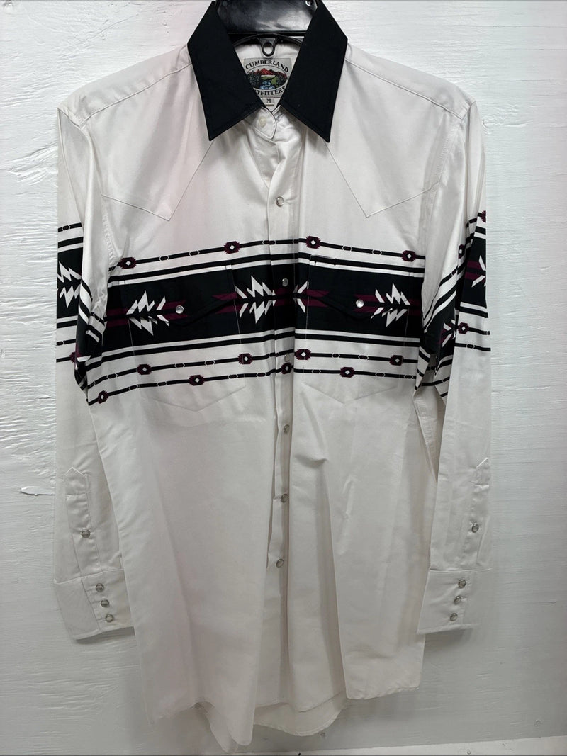 New Men’s Cumberland White Black Design Long Sleeve Pearl Snap Medium K-54