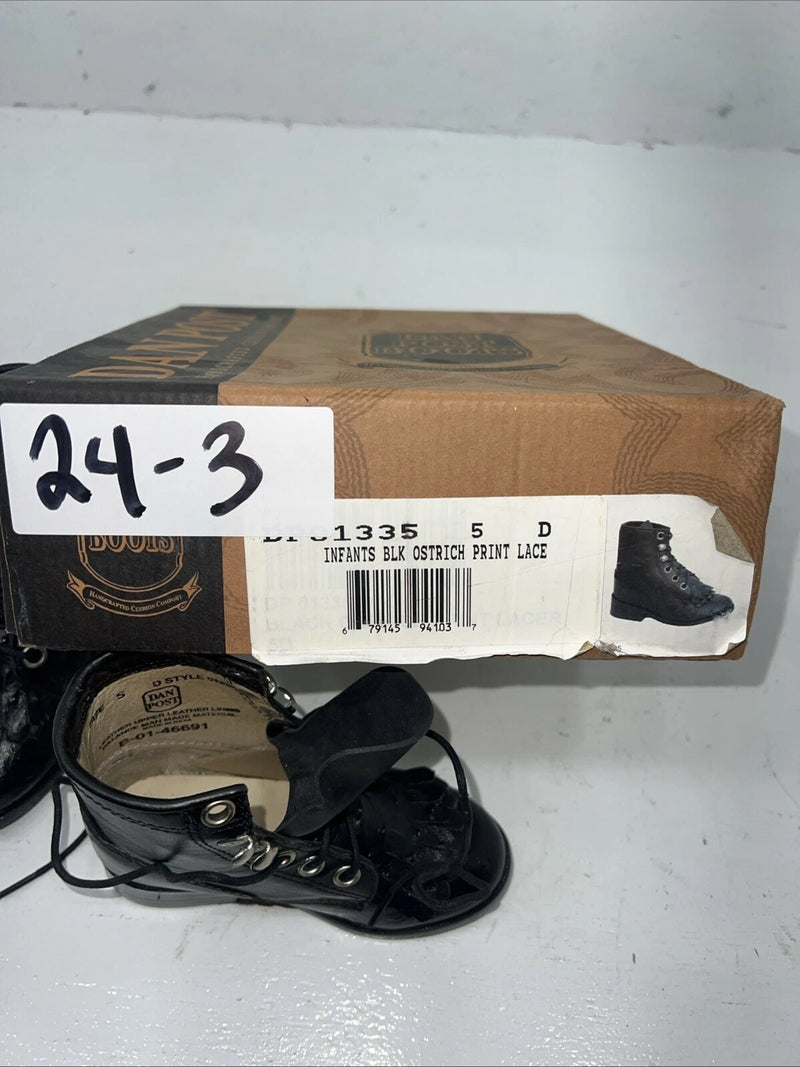 New Infant Dan Post Black Ostrich Print Lace Up Cowboy Boots. 5 D . 24-3