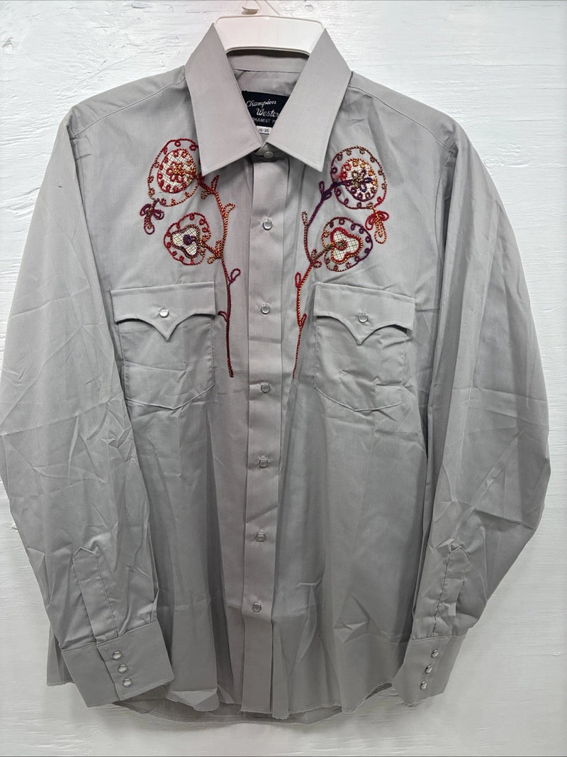New Men’s Champion Westerns Gray Embroidered Long Sleeve Pearl Snap Large Q-101