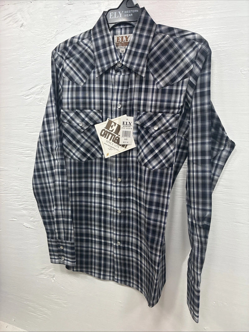 New Kids ELY Cattleman Black Plaid Long Sleeve Pearl Snap Size 14 DD-36