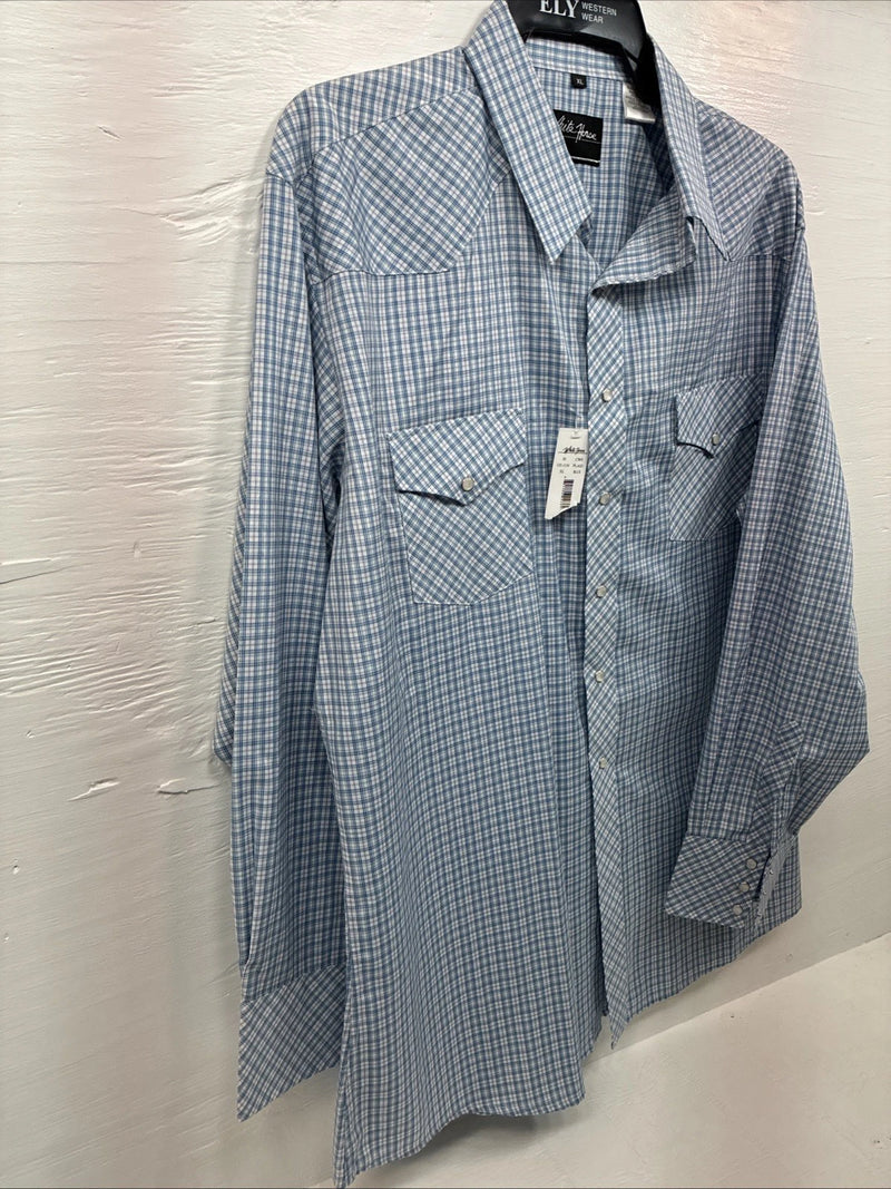 New Men’s White Horse Blue White Plaid Long Sleeve Pearl Snap XL R-71