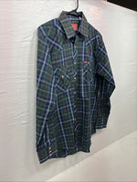 New Men’s ELY Plains Green Blue Plaid long Sleeve Pearl Snap 15.5 Medium T-67