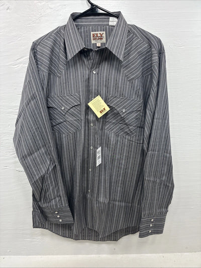 New Men’s ELY Cattleman Gray White Design Long Sleeve Pearl Snap 16 Large X-19