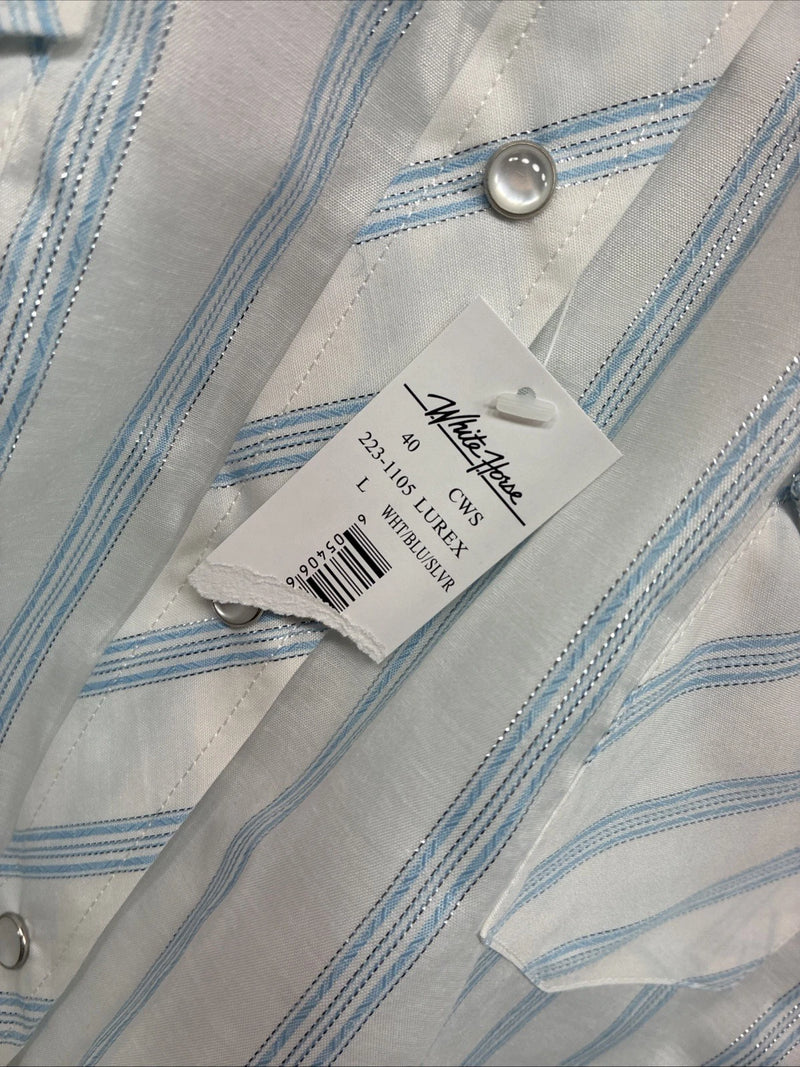 New Women’s White Horse White Blue Stripe Long Sleeve Pearl Snap Large GG-72