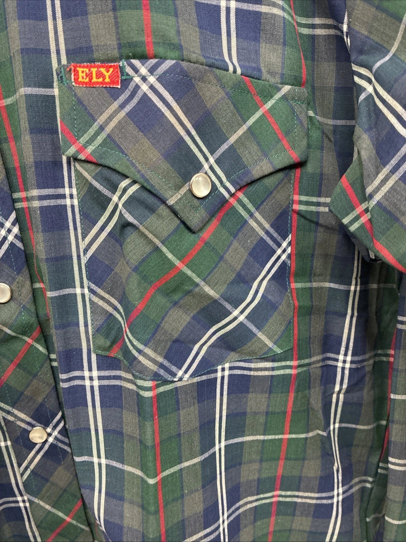 New Men’s ELY Plains Green Blue Plaid long Sleeve Pearl Snap 15.5 Medium T-67