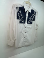 New Women’s Blue White & Bling H Bar C Long Sleeve Button Up Shirt #20119 3B-40