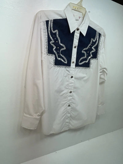 New Women’s Blue White & Bling H Bar C Long Sleeve Button Up Shirt #20119 3B-40