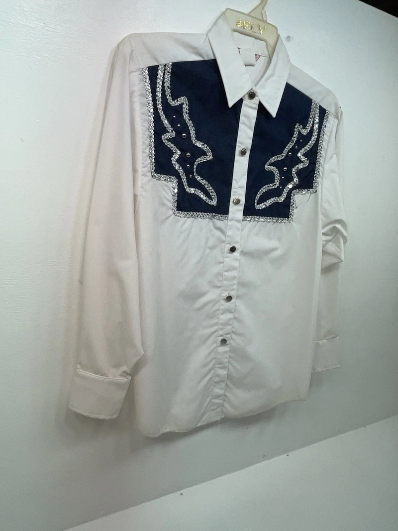 New Women’s Blue White & Bling H Bar C Long Sleeve Button Up Shirt #20119 3B-40