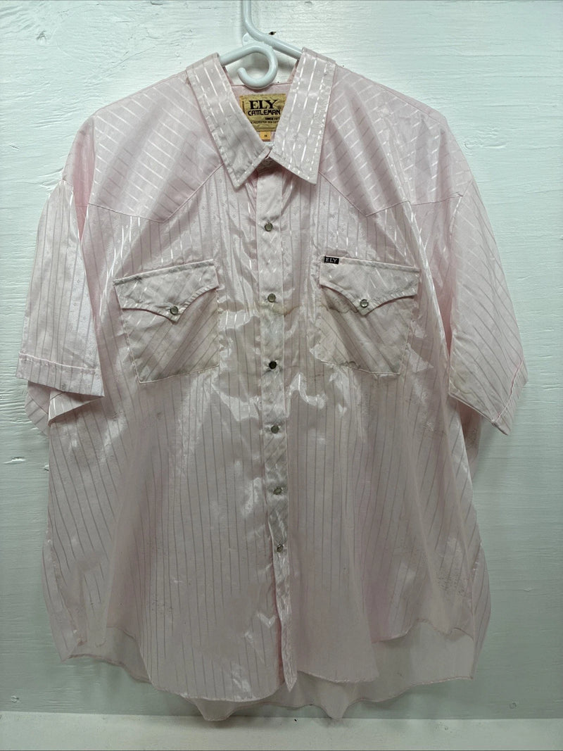 New Men’s ELY Cattleman Pink Stripe Short Sleeve Pearl Snap 3XL H-39