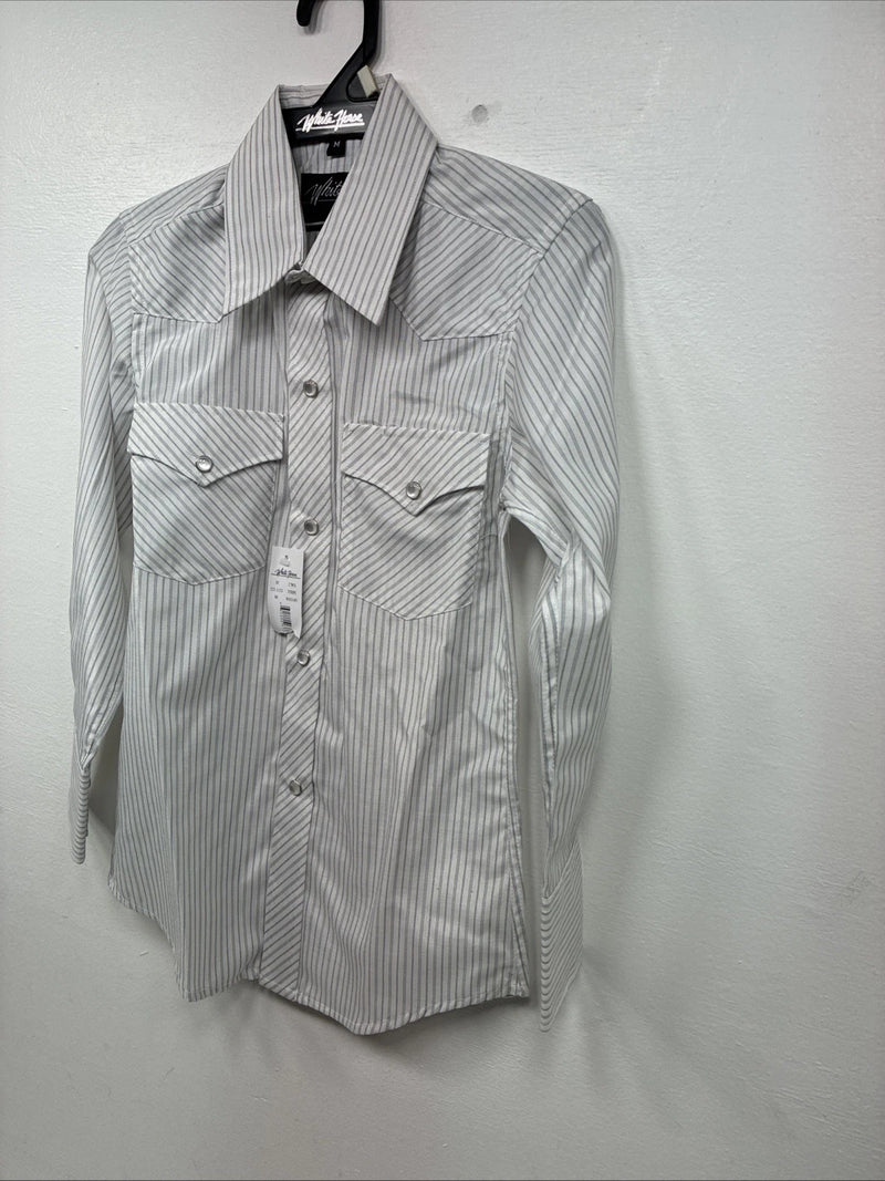 New Boys White Horse Grays Stripe Long Sleeve Pearl Snap Medium DD-119