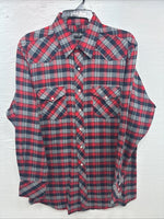 New Men’s White Horse Red Gray Plaid Long Sleeve Pearl Snap Large V-97