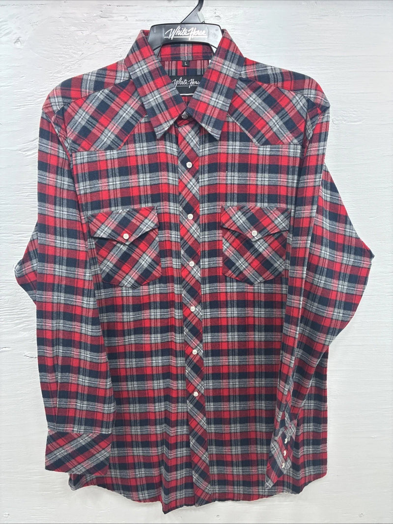 New Men’s White Horse Red Gray Plaid Long Sleeve Pearl Snap Large V-97