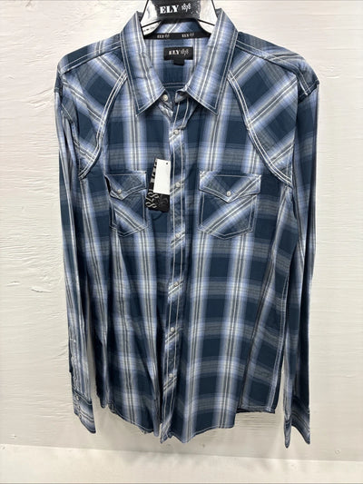 New Men’s ELY 1878 Blue Flannel Long Sleeve Pearl Snap 2XL H-56