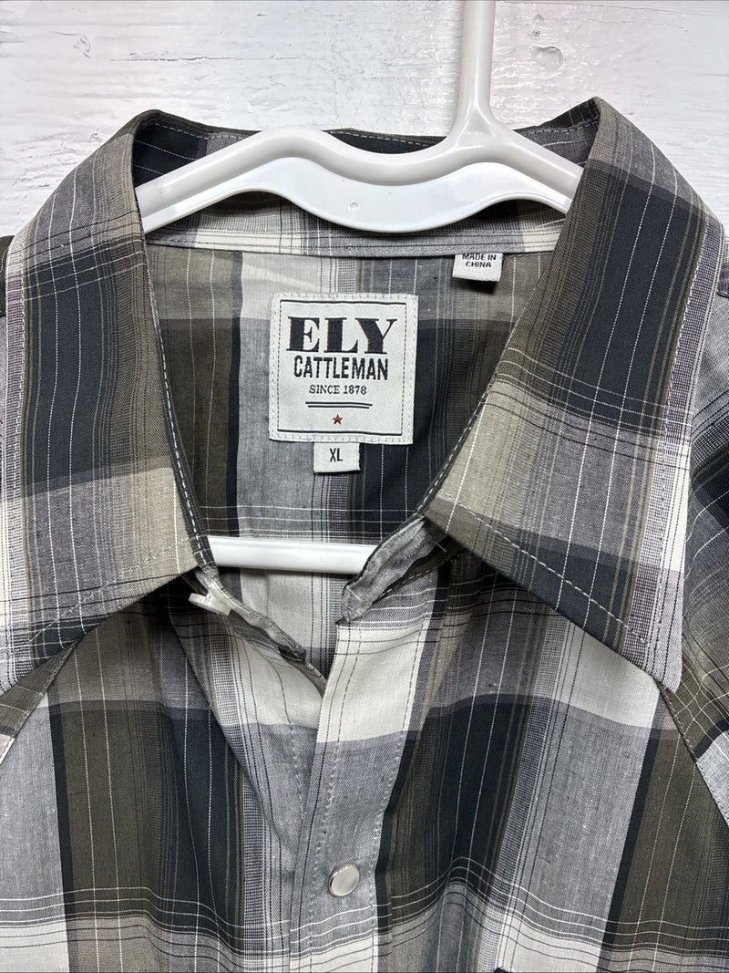 New Men’s ELY Cattleman Green Rose Design Plaid Long Sleeve Pearl Snap XL H-79