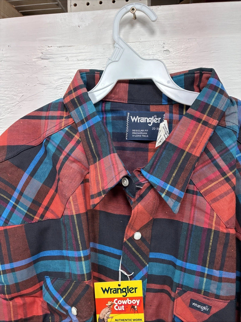 New Men’s Wrangler Red Blue Navy Flannel Long Sleeve Pearl Snap 20 X 36 XL H-60