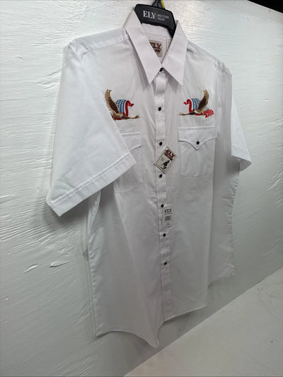 New Men’s ELY Cattleman White Eagle Designed Long Sleeve Pearl Snap Large T-64