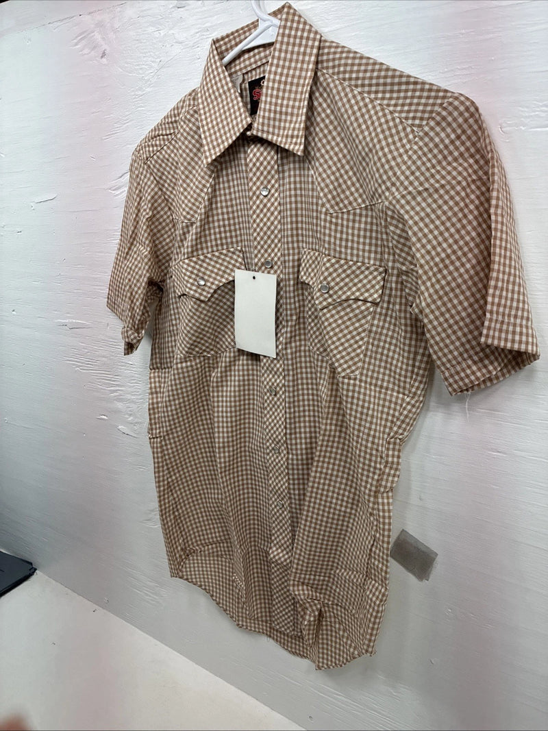 New Mems Western Shirt Brown Checkered Short Sleeve Pearl Snap Small AA-103