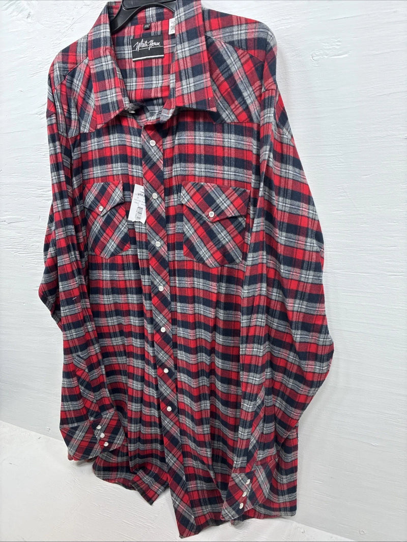 New Men’s White Horse Red Black Flannel Long Sleeve Pearl Snap 2XL H-37