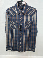 New Men’s ELY 1878 Blue Brown Plaid Long Sleeve Pearl Snap XL T-13