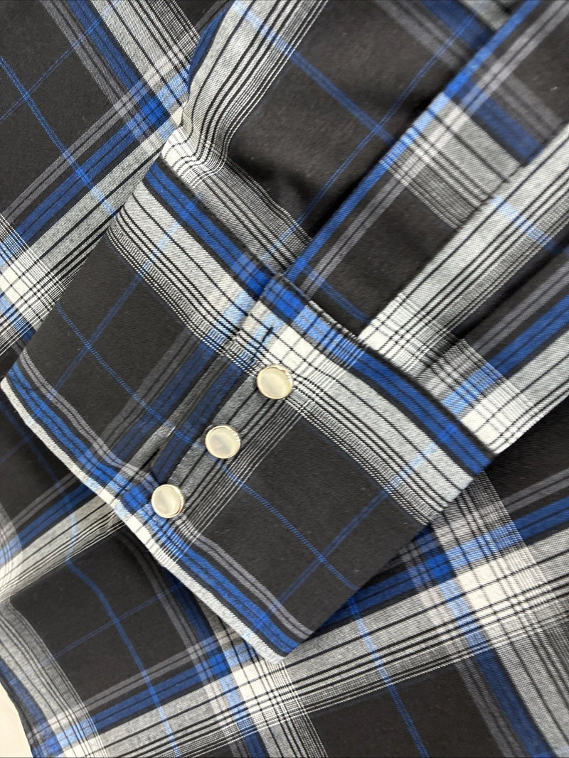 New Men’s ELY Cattleman Blue Black Plaid Long Sleeve Pearl Snap XL O-66