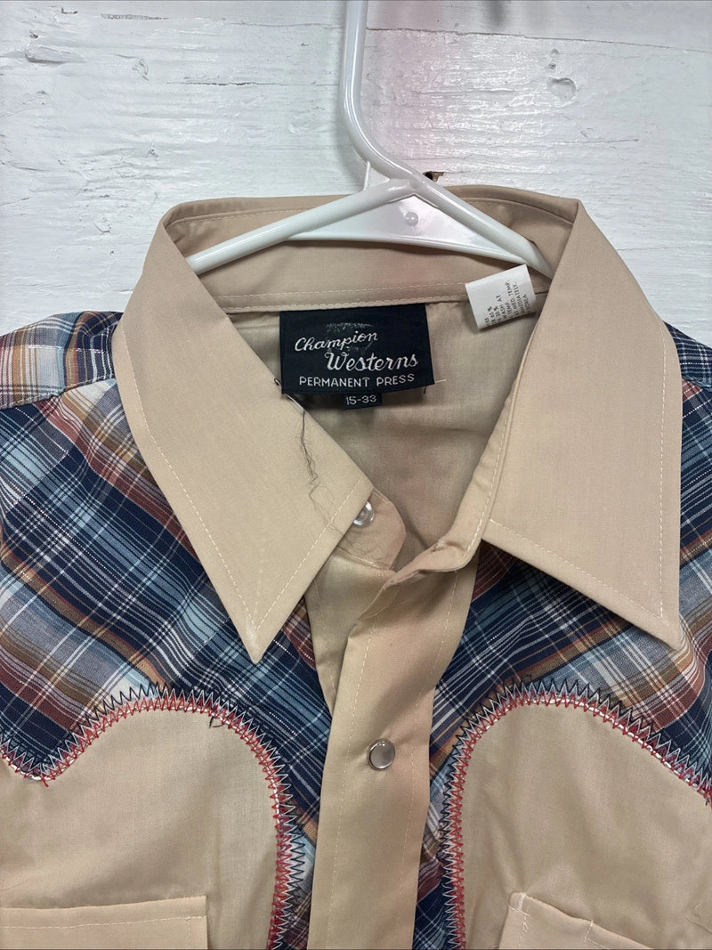 New Men’s Champion Western Tan Design Long Sleeve Pearl Snap 15 Medium X-6