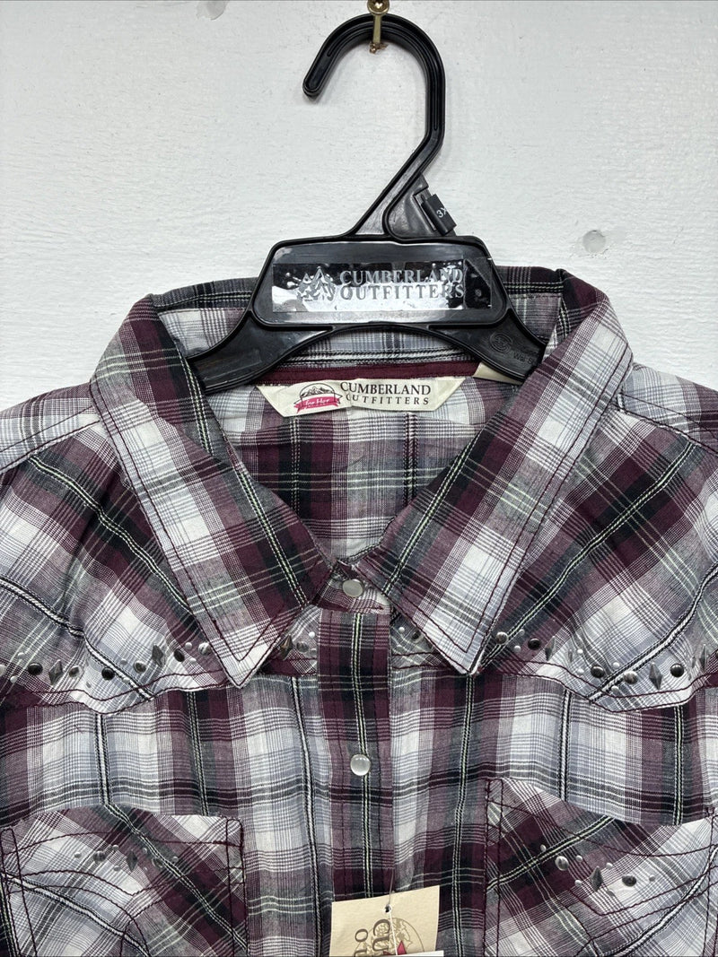 New Women’s Cumberland Purple Plaid Long Sleeve Pearl Snap 3XL GG-25