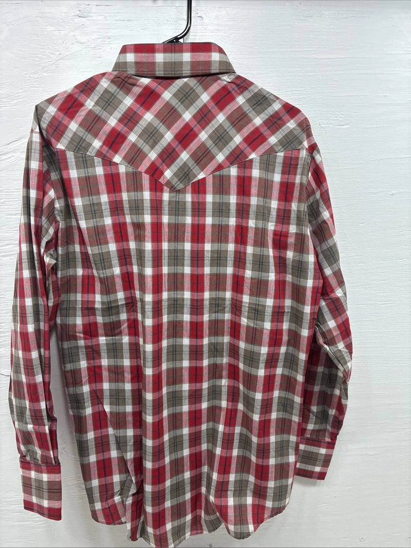 New Men’s ELY Plains Red Brown Plaid Long Sleeve Pearl Snap 16.5 Large M-66