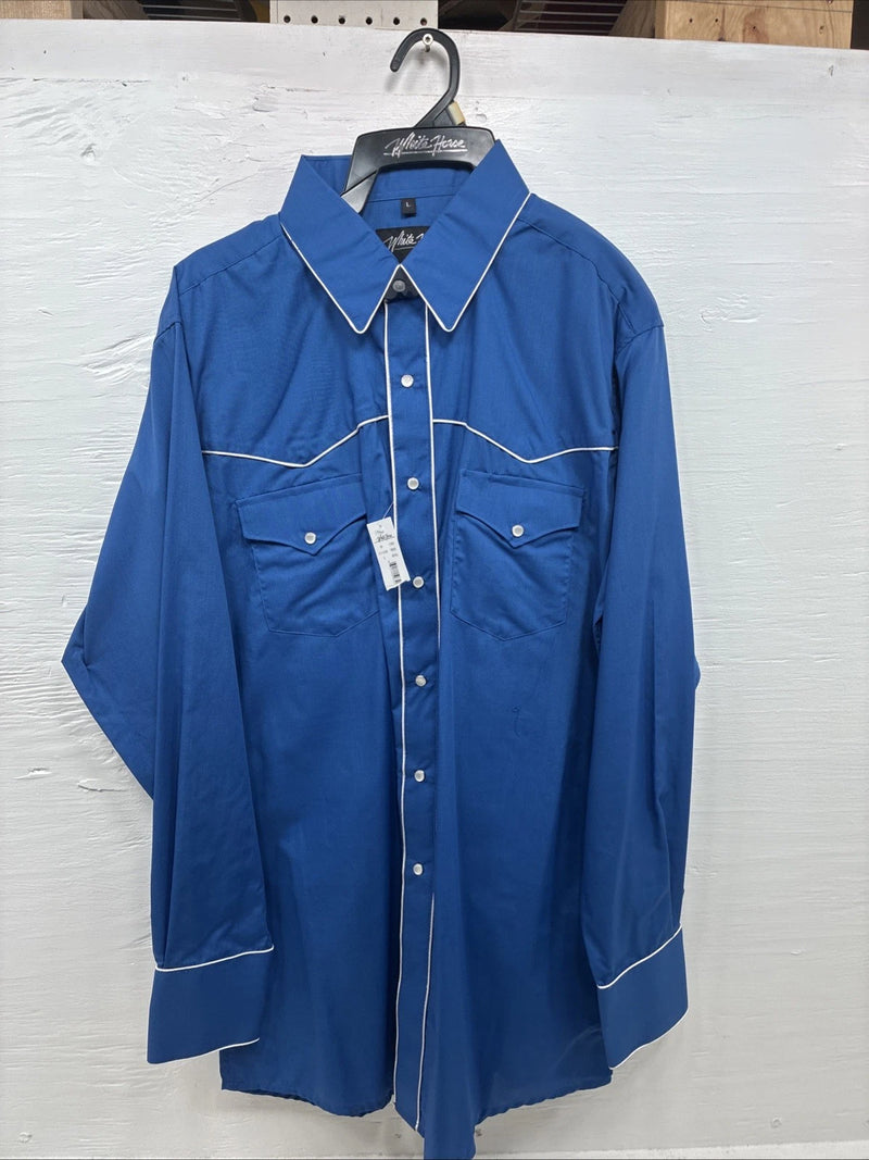 New Men’s White Horse Blue Long Sleeve Pearl Snap Large CC-28
