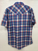 New Men’s ELY Cattleman Blue Plaid Short Sleeve Pearl Snap Medium AA-116 