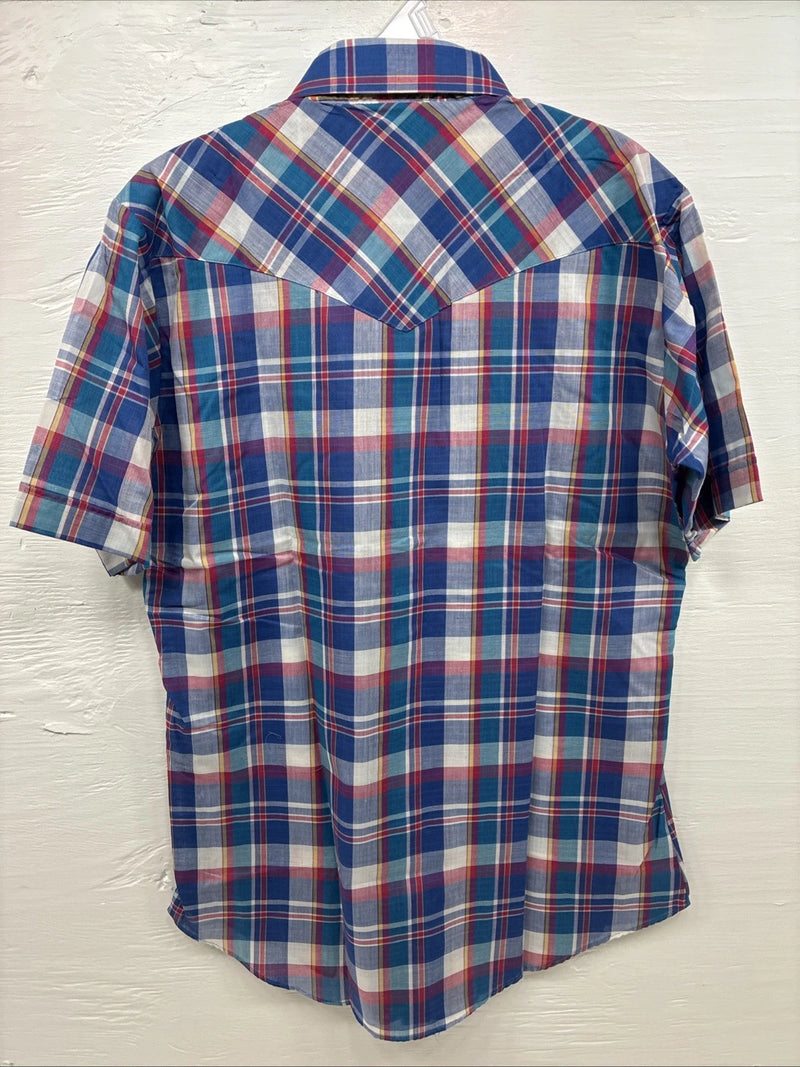 New Men’s ELY Cattleman Blue Plaid Short Sleeve Pearl Snap Medium AA-116 