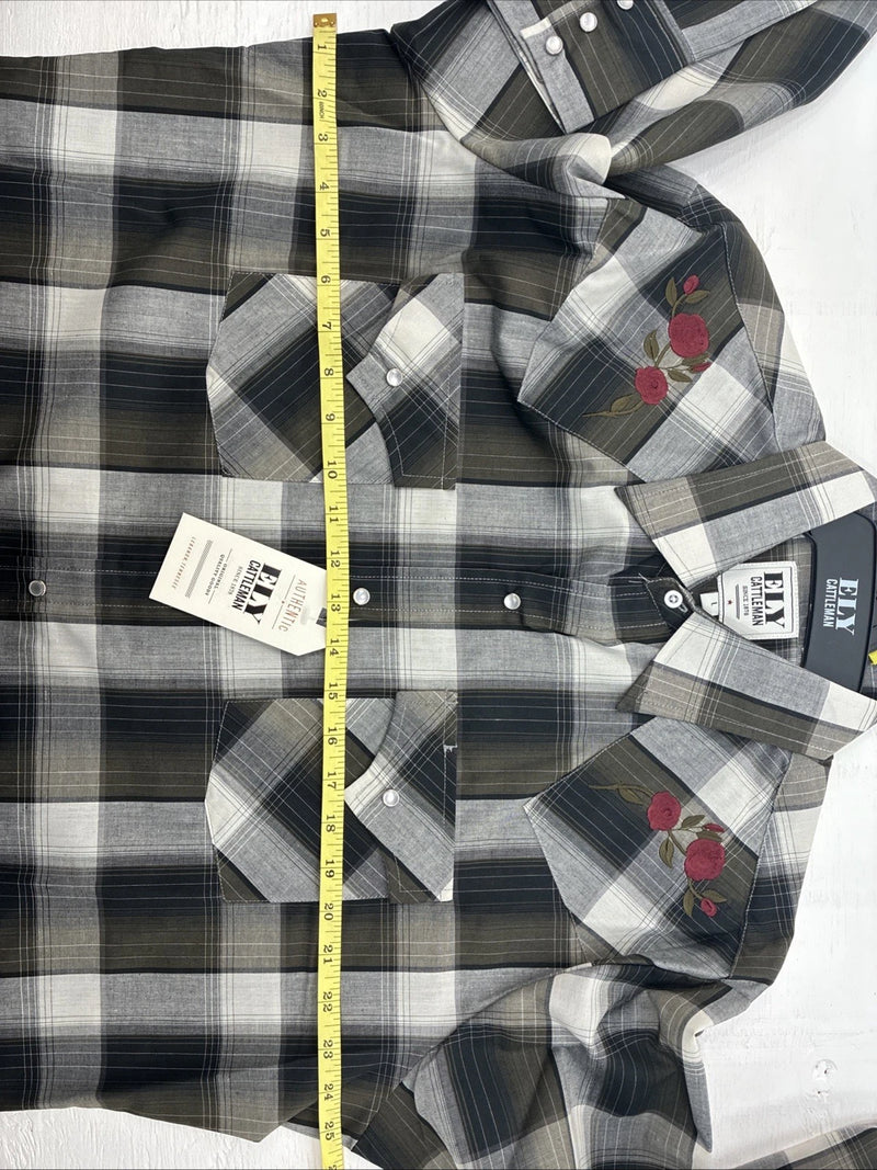 New Men’s ELY Cattleman Green Rose Plaid Long Sleeve Pearl Snap Large X-72