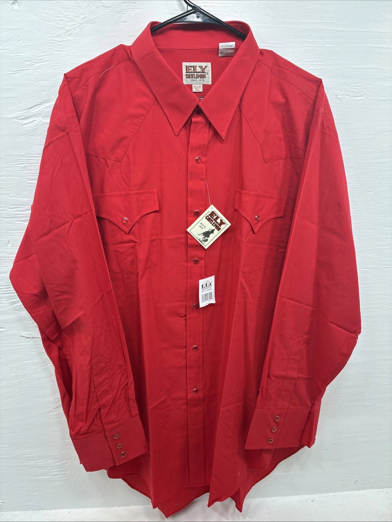 New Men’s ELY Cattleman Red Simple Long Sleeve Pearl Snap 18.5 X 35 2XL K-94