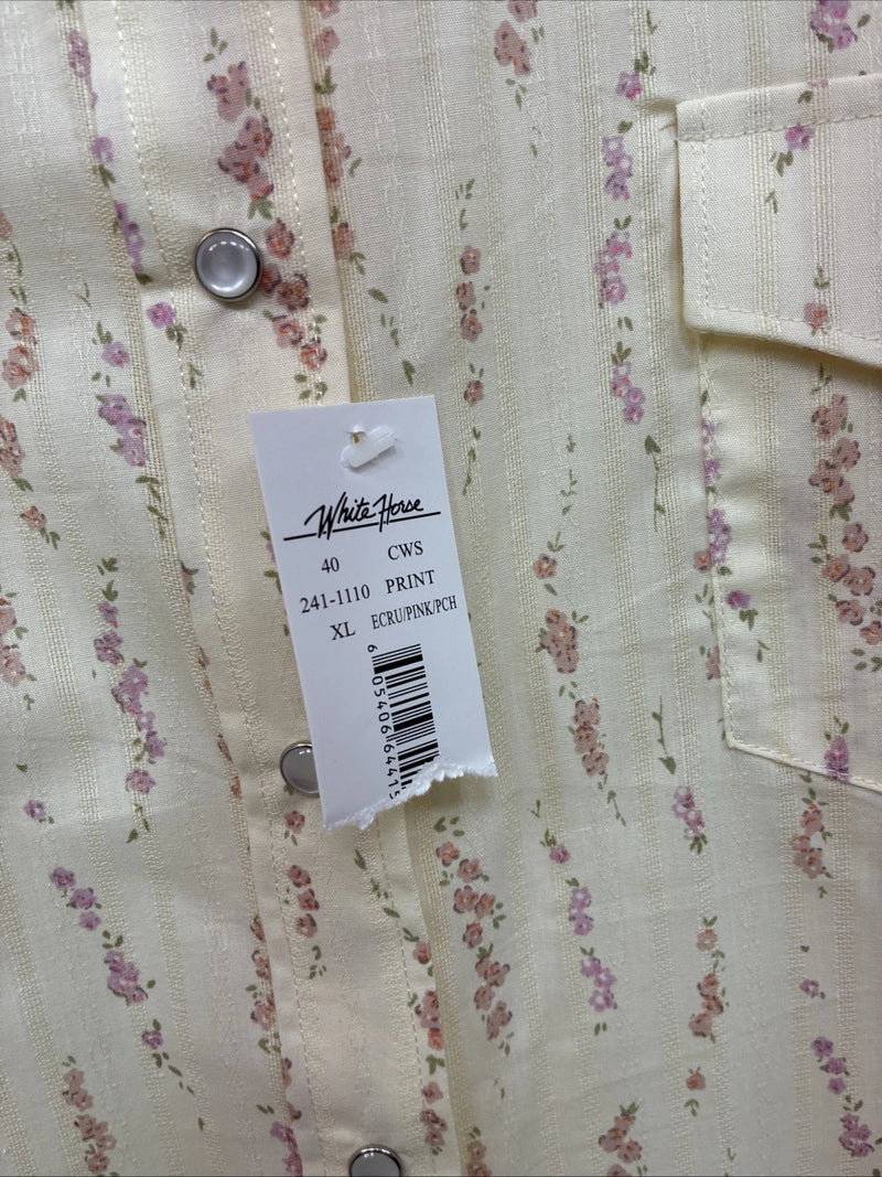New Women’s White Horse Yellow Floral Long Sleeve Pearl Snap Size XL YY-46 