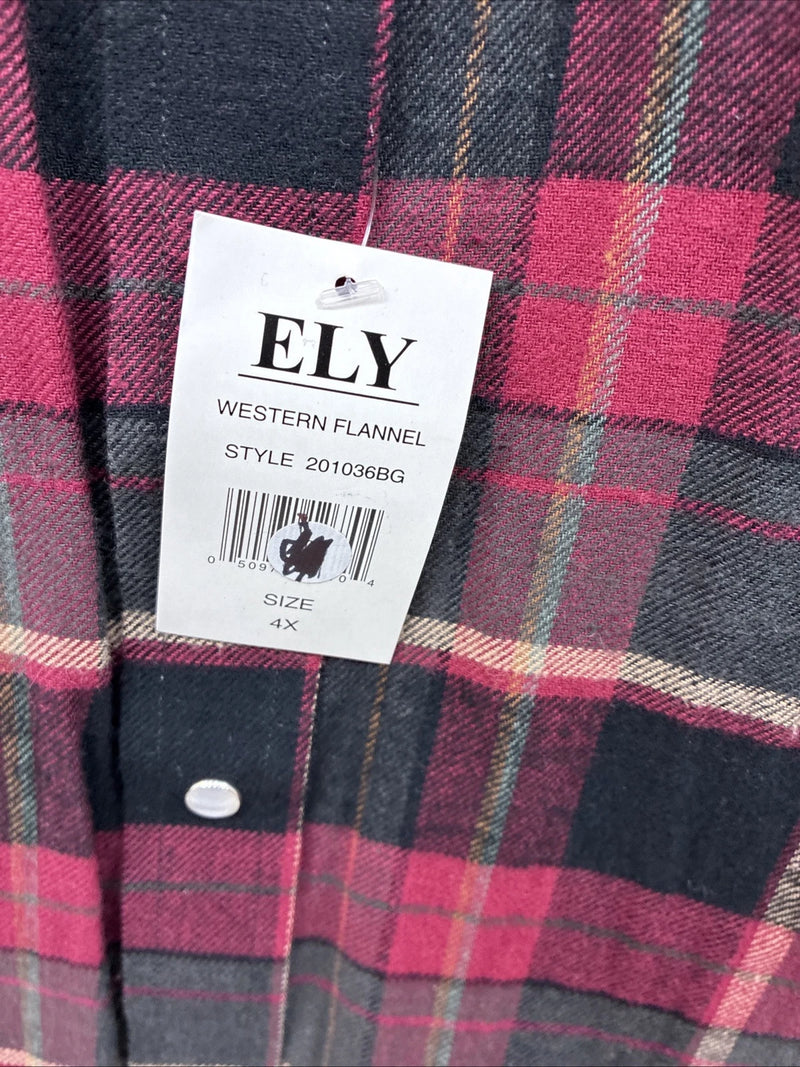 New Men’s ELY Cattleman Red Black Flannel Long Sleeve Pearl Snap 4XL E-82
