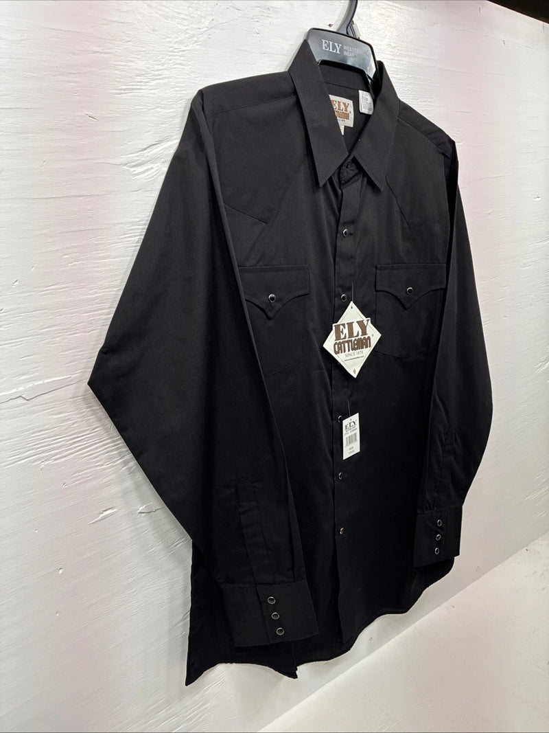 New Men’s ELY Cattleman Black Simple Long Sleeve Pearl Snap 17 XL O-44
