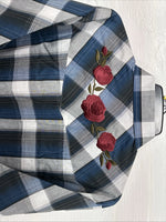 New Men’s ELY Cattleman Blue Grey Plaid Long Sleeve Pearl Snap Large AA-19