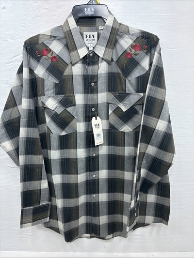 New Men’s ELY Cattleman Green Rose Plaid Long Sleeve Pearl Snap Large X-72